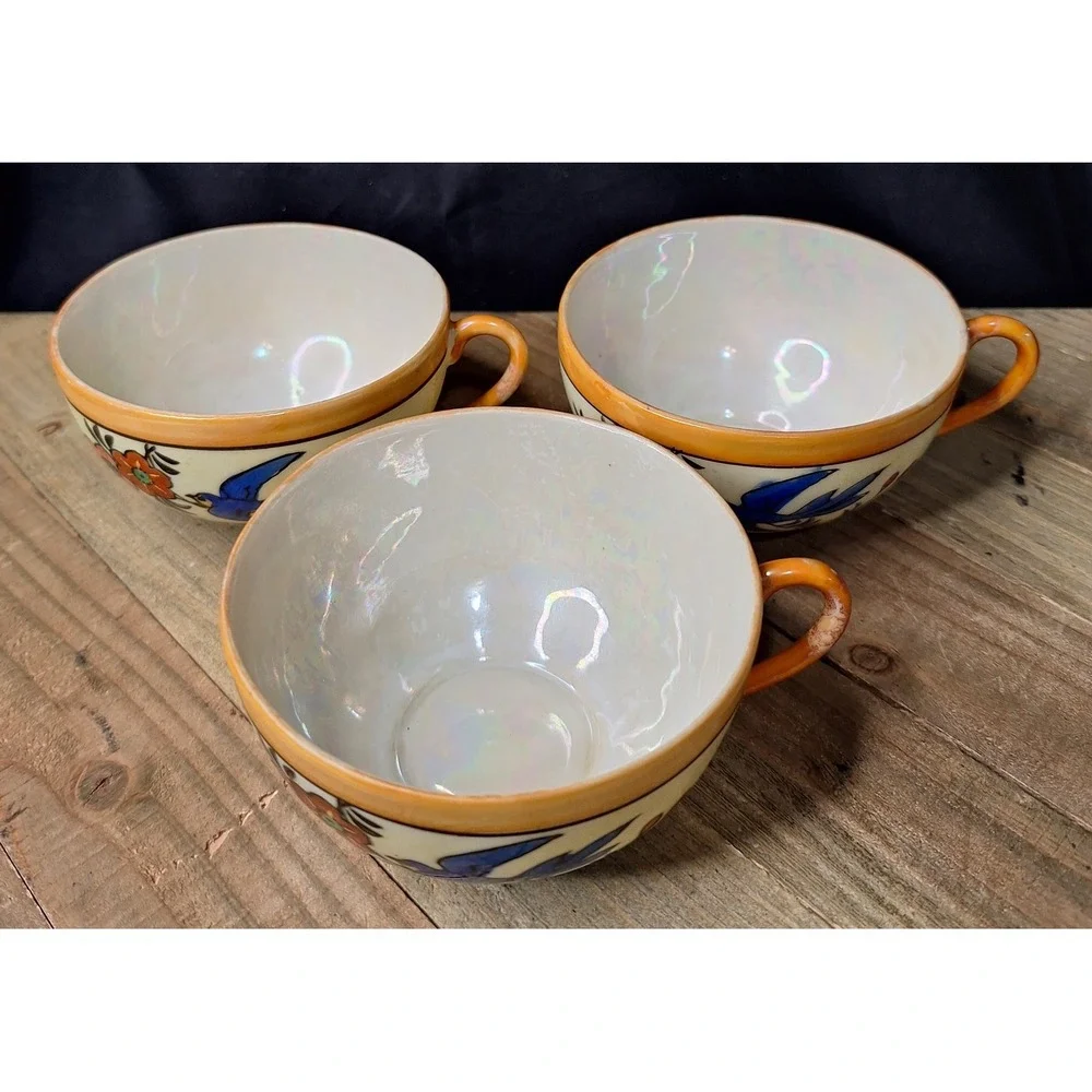 Vintage Japanese Lusterware Teacups Set of‎ 3 Blue Bird Floral Porcelain Japan